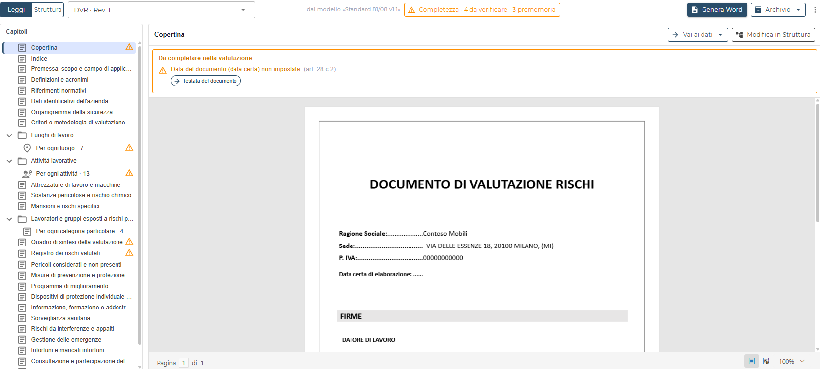 Il documento di valutazione dei rischi in evoHSE: l'elenco dei capitoli e la copertina, con gli avvisi di completezza
