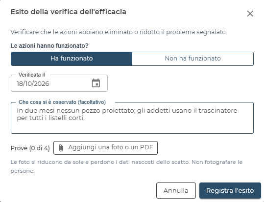 Esito della verifica dell'efficacia: le azioni hanno funzionato, con la data, che cosa si è osservato e le prove