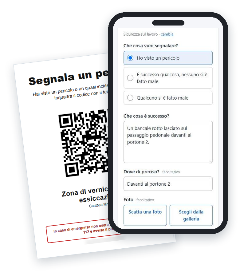 Il cartello con il QR del luogo e il modulo di segnalazione sul telefono: «Un bancale rotto lasciato sul passaggio pedonale davanti al portone 2»