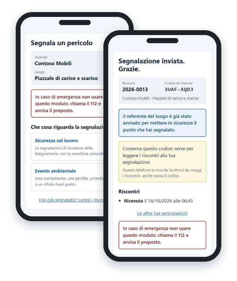 Sul telefono: la scelta fra sicurezza sul lavoro ed evento ambientale e la ricevuta con il numero e il codice per i riscontri